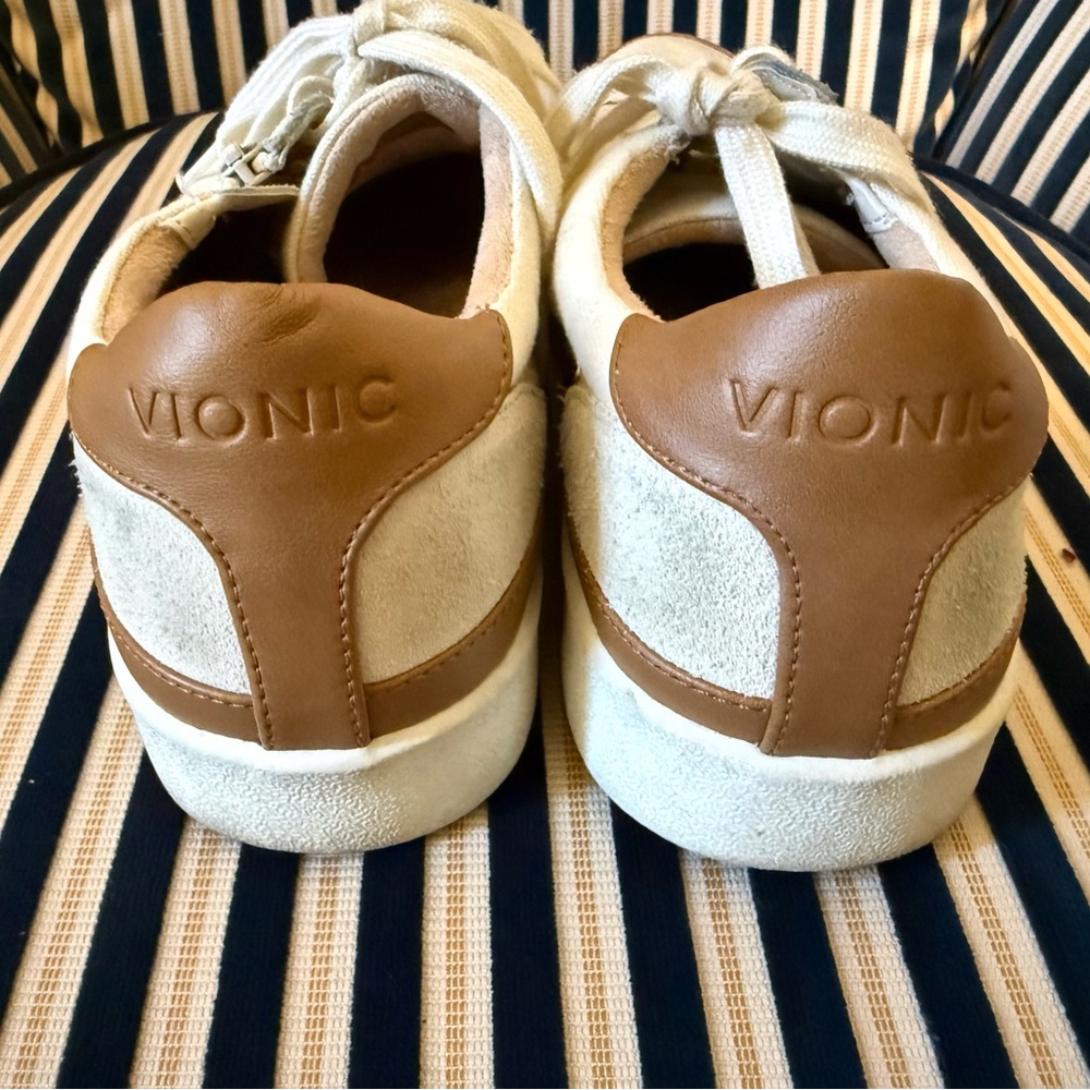 Vionic Cream Suede Sneakers with Brown Leather Heel
